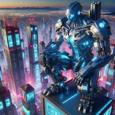The primary subject of the image is a futuristic robot sitting on top of a building. The robot is surrounded by a cityscape with tall buildings and a nighttime sky. The visual style of the image is digital art, giving it a futuristic and technological appearance. The colors and mood of the image are predominantly blue, creating a sense of calmness and sophistication.